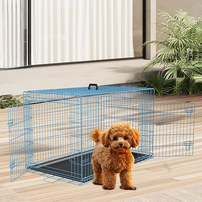 FDW Dog Crate Dog Kennel Cage with Double Door,36 inch Folding Metal Wire Dog Cage with Removable Tray&Divider Panel,Pet Crate for Medium Dogs,Blue