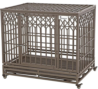 SMONTER Heavy Duty Dog Crate Strong Metal Pet Kennel Playpen with Two Prevent Escape Locks Large Dogs Cage with Wheels (Strengthen-42INCH, Brown)