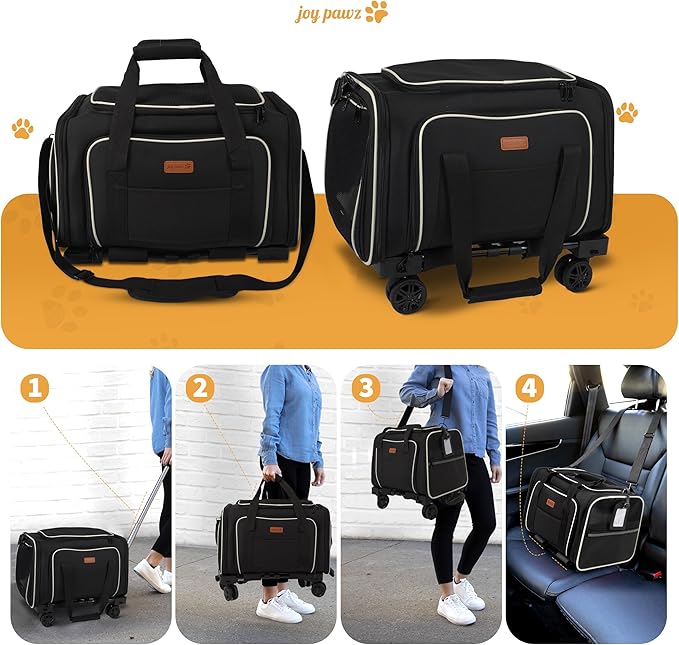 Pet Carrier for Travel - Airline Approved - Dogs/Cats Expandable & Roomy - Premium Pets Carrier with Wheels - Cozy Soft-Lined Travel Carrier - Stylish Black Design