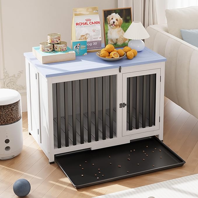 33in Furniture Dog Crate, Large/Medium Dog Crate End Table, Solid Wood Portable Foldable Indoor, No Assembly Needed (White and Blue)