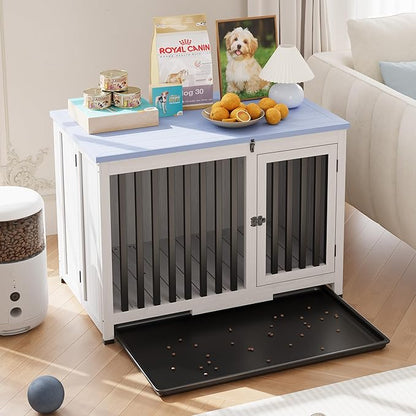33in Furniture Dog Crate, Large/Medium Dog Crate End Table, Solid Wood Portable Foldable Indoor, No Assembly Needed (White and Blue)