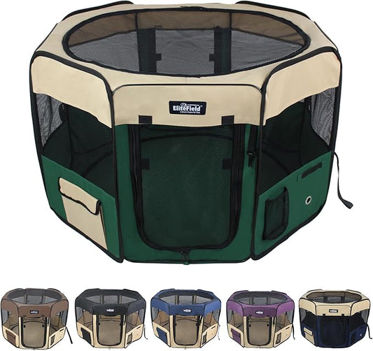 EliteField 2-Door Soft Pet Playpen (2 Year Warranty), Exercise Pen, Multiple Sizes and Colors Available for Dogs, Cats and Other Pets (52" x 52" x 32"H, Beige+Green)