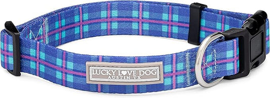 Lucky Love Dog, Blue and Violet Plaid Dog Collar, Adjustable & Comfy Collar for Boy and Girl Dog, Easy On & Off Clasp Accessory - (Medium, Scotty Collar)