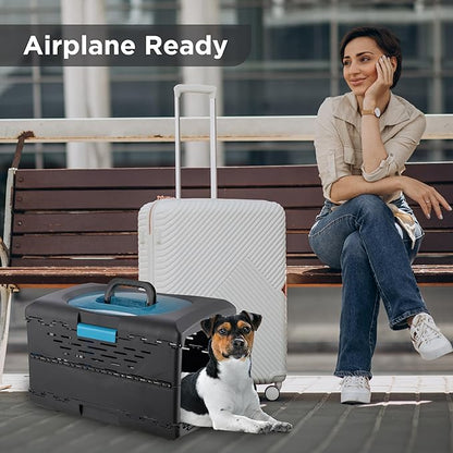 Pet Genius Collapsible Pet Crate, Ultra-Lightweight Portable Kennel with Dual Hinge Door, Folds to 5 Inches, Weighs 4.5lbs, Multiple Vents and Windows for Home and On The Go, 19x12x12.5, Blue