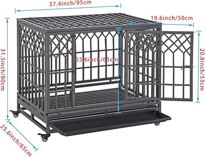 SMONTER 38" Heavy Duty Dog Crate Strong Metal Pet Kennel Playpen with Two Prevent Escape Lock, Large Dogs Cage with Wheels, Y Shape, Dark Silver … …