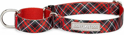 Lucky Love Dog, Evergreen No Slip Dog Collar, Vivid Berry Plaid Martingale Dog Collar for Boy and Girl Dogs - (Large, Heywood Martingale)