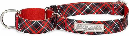 Lucky Love Dog, Evergreen No Slip Dog Collar, Vivid Berry Plaid Martingale Dog Collar for Boy and Girl Dogs - (Large, Heywood Martingale)
