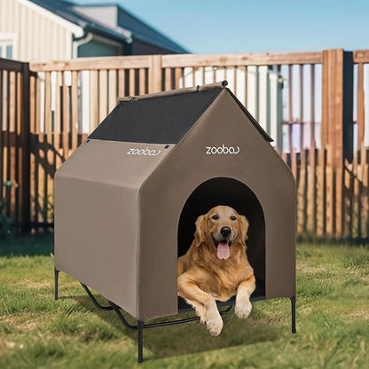 X-Large 48" Dog House - Weatherproof PVC, Textilene Cooling Bed - Easy to Clean (Brown)