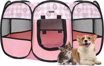 Lucky Monet Foldable Dog Playpen Cat Puppy Playpen Indoor Pop Up Pet Animal Playpen Outdoor Kennel Cage Pen Tent for Small Medium Dog Puppy Cat Kitten Rabbit - Large, Pink