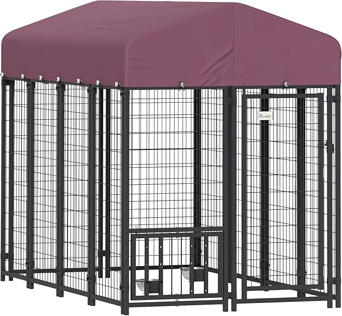 PawHut 7.9' x 4' x 6' Outdoor Dog Kennel, Welded Wire Heavy Duty Dog Run with 360° Rotating & 4 Level Adjustable Bowls, Dog Cage Outside with Waterproof & UV Resistant Cover, for S&M&L Dogs