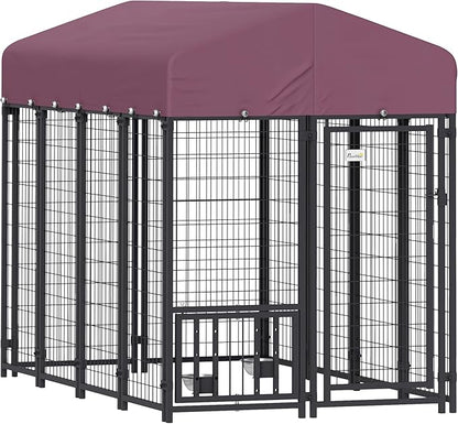 PawHut 7.9' x 4' x 6' Outdoor Dog Kennel, Welded Wire Heavy Duty Dog Run with 360° Rotating & 4 Level Adjustable Bowls, Dog Cage Outside with Waterproof & UV Resistant Cover, for S&M&L Dogs