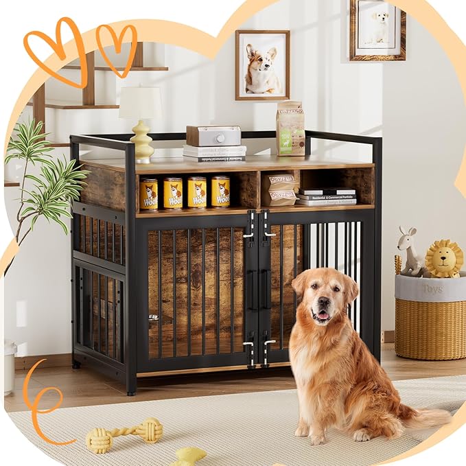 Dog Crate Furniture, Large Dog Cage with 2 Open Storage Shelves, 48 Inch Dog Kennel with Adjustable Raised Feeders, Indoor Heavy Duty Metal End Table Dog Crate for Large Dogs