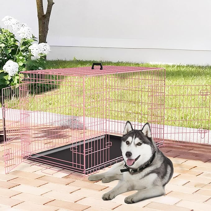 FDW XL Dog Crate Dog Kennel Cage with Double Door,42 inch Folding Metal Wire Dog Cage with Removable Tray&Divider Panel,Pet Crate for Medium Large Dogs,Pink