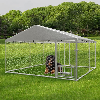 Large Outdoor Dog Kennel, Heavy Duty Galvanized Steel Dog Enclosure with Swivel Feeder, Chicken Coop w/Waterproof UV-Resistant Cover, Lockable Door Chain Link for Backyard (118" L x 118" W x 60" H)
