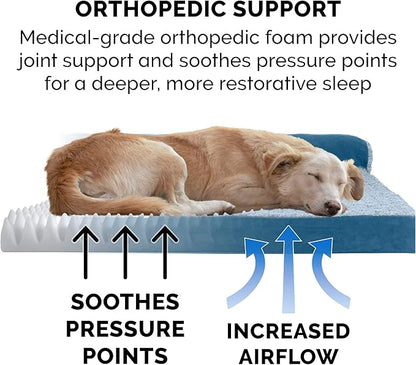Furhaven Orthopedic Dog Bed for Large/Medium Dogs w/ Removable Bolsters & Washable Cover, For Dogs Up to 55 lbs - Two-Tone Plush Faux Fur & Suede L Shaped Chaise - Marine Blue, Large