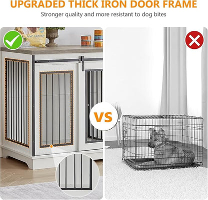 60.6 Inch Double Dog Crate with Divider, 2-in-1 Heavy Duty Dog Crate TV Stand with 2 Sliding Doors and Thick Iron, Indoor Dog House for 2 Dogs (White)