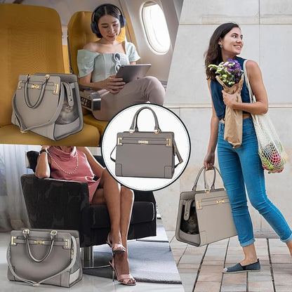 Stylish Pet Carrier Purse Leather Bag for Small Dogs Cats Puppy,Airline Approved Soft-Sided Carriers (Elephant Grey)
