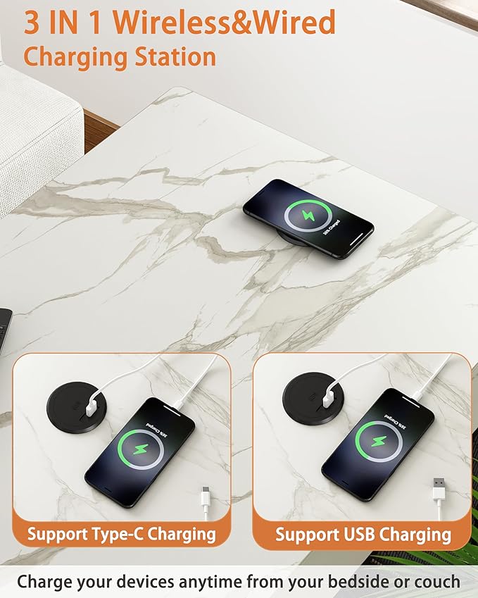 Piskyet Dog Crate Furniture,Wooden Dog Crate End Table with Storage Drawer&Cushion&Tray, QC3.0 Wireless Charging,Dual USB,Small Dogs Marble White