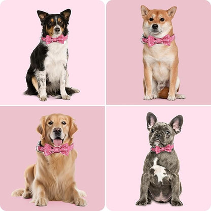 Dog Collar with Bow for Small Medium Large Dogs, Cute Bling Dog Bow Tie Collar with Metal Buckle, Soft & Durable for Large Dogs Walking (Dark Pink, L)