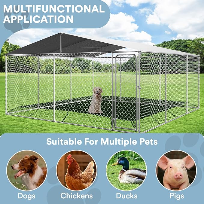 Rovibek 15'×15' Extra Large Outdoor Dog Kennel for Yard, Dog Kennel Outside with Roof, Dog Kennels Outdoor with Waterproof Sunproof Cover