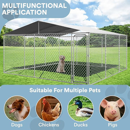 Rovibek 15'×15' Extra Large Outdoor Dog Kennel for Yard, Dog Kennel Outside with Roof, Dog Kennels Outdoor with Waterproof Sunproof Cover