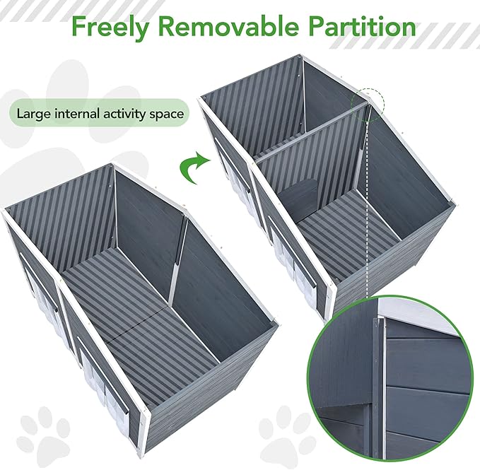 Merax 47" Outdoor Wooden Dog House with Porch, Asphalt Roof, 2" Height Raised Feet and Two Plastic Door Curtains, Brown