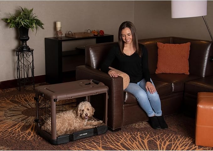 Pet Gear “The Other Door” 4 Door Steel Crate for Dogs/Cats with Garage-Style Door, Includes Plush Bed + Travel Bag, No Tools Required, Espresso