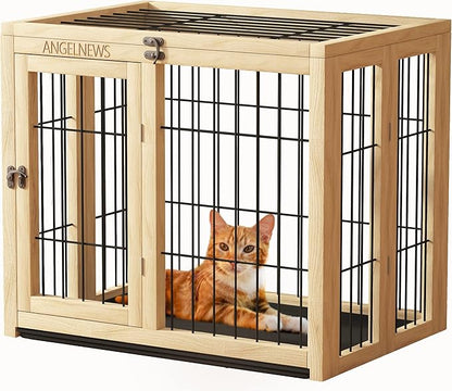 Wooden Folding Pet Cage Puppy Kennel & Cat Cage with Flippable Roof and Removable Tray, Indoor Dog Crate Furniture, Easy Assemble Easy Storing (M)