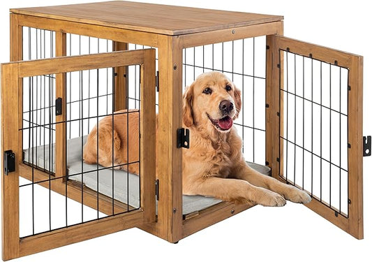 Furniture-Style Dog Crate - Acacia Wood Kennel for Large Dogs with Double Doors and Cushion - Dog Kennel Furniture by PETMAKER (Natural)