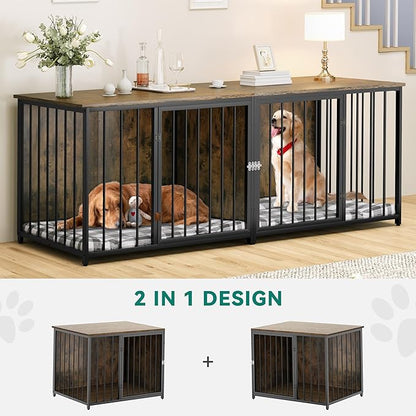 DWVO Double Dog Kennel Furniture, 80.2" Dog Cage Furniture with Divider, Double Dog Crate TV Stand for 2 Medium Dogs, Brown