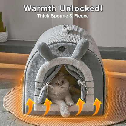 Jiupety Cat Houses for Indoor Cats, Cave Bed with Door Curtain Design, Cute Portable Beds with Reversible Washable Cushion, S Size Soft Kitty Hideaway Up to 6 lbs, Non-Slip Bottom, Grey