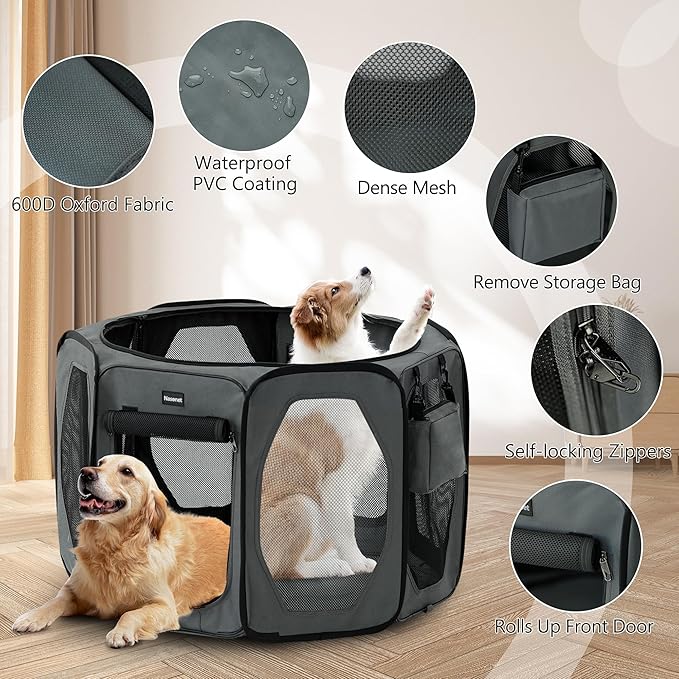 Dog Playpen, Cat Dog Crate Portable Pet Exercise Cage Kennel House Puppy Playpen Animal Playpen Indoor/Outdoor, Water-Resistant Kennel Tent with Traveling Bag (Grey, Large)