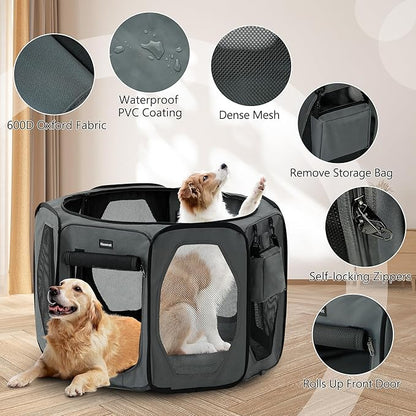 Dog Playpen, Cat Dog Crate Portable Pet Exercise Cage Kennel House Puppy Playpen Animal Playpen Indoor/Outdoor, Water-Resistant Kennel Tent with Traveling Bag (Grey, Large)