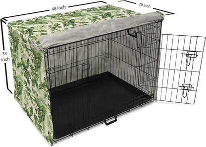 Lunarable Green Dog Crate Cover, Exotic Tropic Pattern with Palm Leaves Breadfruits Plumeria Flowers and Parrots, Easy to Use Pet Kennel Cover for Medium Large Dogs, 48 Inch, Lime Green Cream