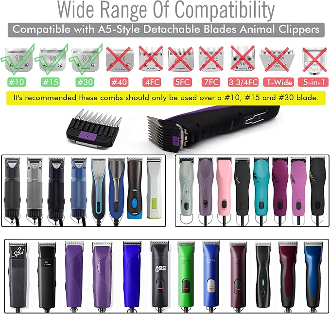 Professional A5 Style Animal Clipper Stainless Steel Color-Coded Snap-on Attachment Guard Guide Comb, 1/8"-1" Compatible with Wahl KM Series Oster A5 Andis Detachable Blade Pet Groomers (#2 - 1/4")