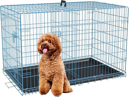 FDW Dog Crate Dog Kennel Cage with Double Door,36 inch Folding Metal Wire Dog Cage with Removable Tray&Divider Panel,Pet Crate for Medium Dogs,Blue