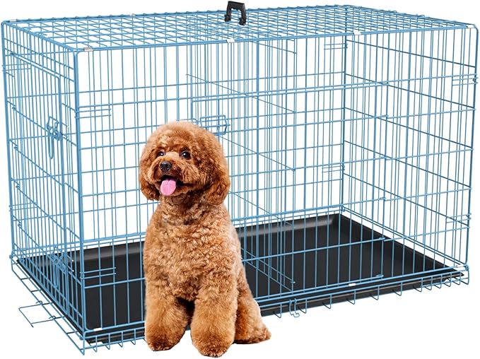 FDW Dog Crate Dog Kennel Cage with Double Door,36 inch Folding Metal Wire Dog Cage with Removable Tray&Divider Panel,Pet Crate for Medium Dogs,Blue
