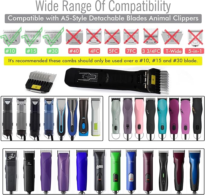 Professional A5 Style Animal Clipper Stainless Steel Color-Coded Snap-on Attachment Guard Guide Comb, 1/8"-1" Compatible with Wahl KM Series Oster A5 Andis Detachable Blade Pet Groomers (#5 - 5/8")