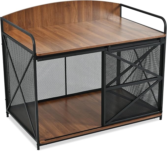 Merax 42.8" Heavy Duty Large Dog Crate Furniture for Large Medium Dog, Farmhouse Wooden Dog Kennel Indoor End Table, Decorative Pet House for Dogs, Brown