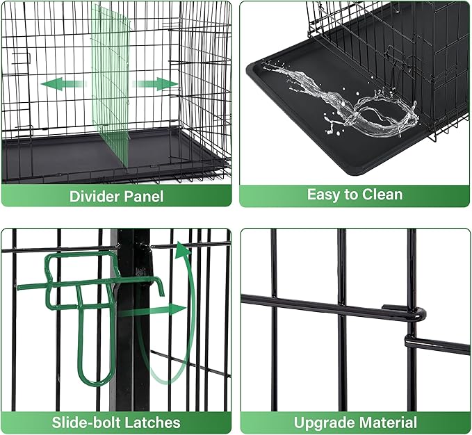 Furniture of America Yucca Metal Double Door Folding Wire Pet Crate with Divider, Removable Tray, and Handle for Outdoor and Indoor Medium Dog, 42-inch, Black