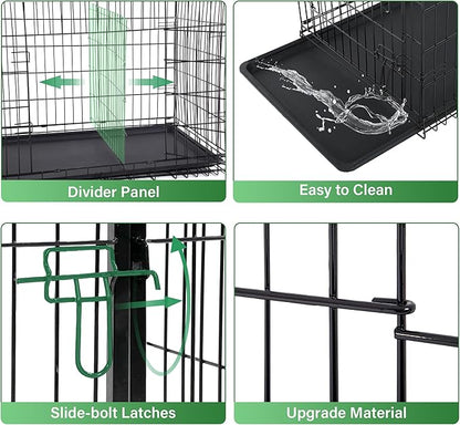 Furniture of America Yucca Metal Double Door Folding Wire Pet Crate with Divider, Removable Tray, and Handle for Outdoor and Indoor Medium Dog, 42-inch, Black