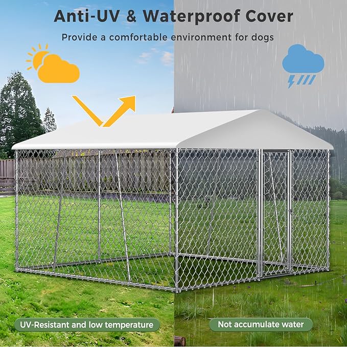 Upgraded 10×10×7FT Outdoor Dog Kennel with Roof, Large Dog House Pen Enclosure with Sidebar, Heavy Duty Chain Link Kennel with Lock for Outside Backyard