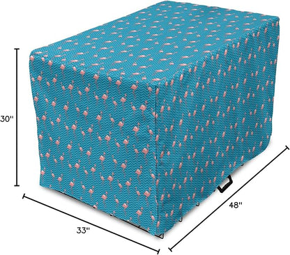 Lunarable Flamingo Dog Crate Cover, Tropical Romance Birds on Wavy Horizontal Stripes Hawaiian Love Doodle, Easy to Use Pet Kennel Cover for Medium Large Dogs, 48 Inch, Azure Blue and Coral
