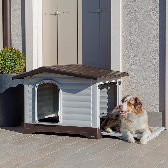Ferplast Dog Villa Medium Indoor and Outdoor Dog House, Measures 35.04L x 25.4W x 28.5H Inches, Ventilated with Patented Fold-Out Porch, Cream with Dark Brown Bottom, Part # 87255099