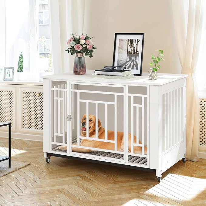 YITAHOME Dog Crate Furniture, 38.2" Heavy Duty Dog Cage, Wooden Side End Table with Wheels, Chew-Resistant Metal Dog Kennel with Removable Tray, Dog House Indoor for Small Medium Dogs, White