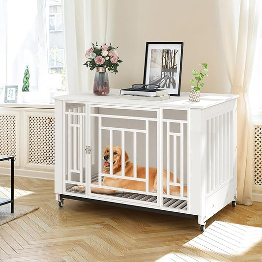 YITAHOME Dog Crate Furniture, 38.2" Heavy Duty Dog Cage, Wooden Side End Table with Wheels, Chew-Resistant Metal Dog Kennel with Removable Tray, Dog House Indoor for Small Medium Dogs, White