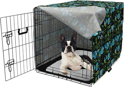 Lunarable Floral Dog Crate Cover, Abstract Flower Bouquets Dragonflies Ladybugs Butterflies on Dark, Easy to Use Pet Kennel Cover for Small Dogs Puppies Kittens, 22 Inch, Blue Green and Charcoal Grey