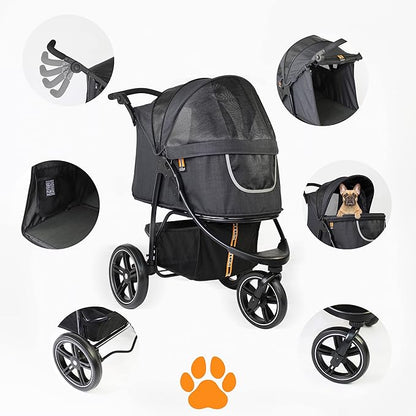 COOPER dog & pet robust buggy, jogger holds up to 32 kg / 70lbs, easy fold, multi-height adjustable soft touch handle, reflective accents, mesh inserts, zippered exits, storage basket below
