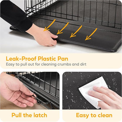 HealSmart 24" Small Dog Crate with Divider, Portable Pet Kennel, Double Door Folding Metal Wire Cage with Leak-Proof Plastic Tray, Indoor, Outdoor and Travel, Black