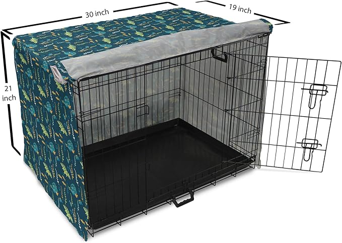 Lunarable Jurassic Dog Crate Cover, Evolution Marine Dinosaurs and Nautical Foliage Animal, Easy to Use Pet Kennel Cover for Cats & Medium Dogs, 30 Inch, Petrol Blue Pale Green